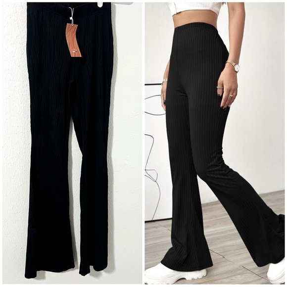 EZwear Women’s XS 2 SHEIN Black Solid Ribbed Flared Leg Pants Lightweight NWT - Picture 1 of 8